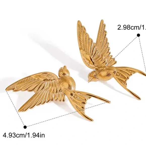 Swallow Peace Bird 18k Gold Stainless Steel Ring, Earrings, Necklace Set - Picture 13 of 17